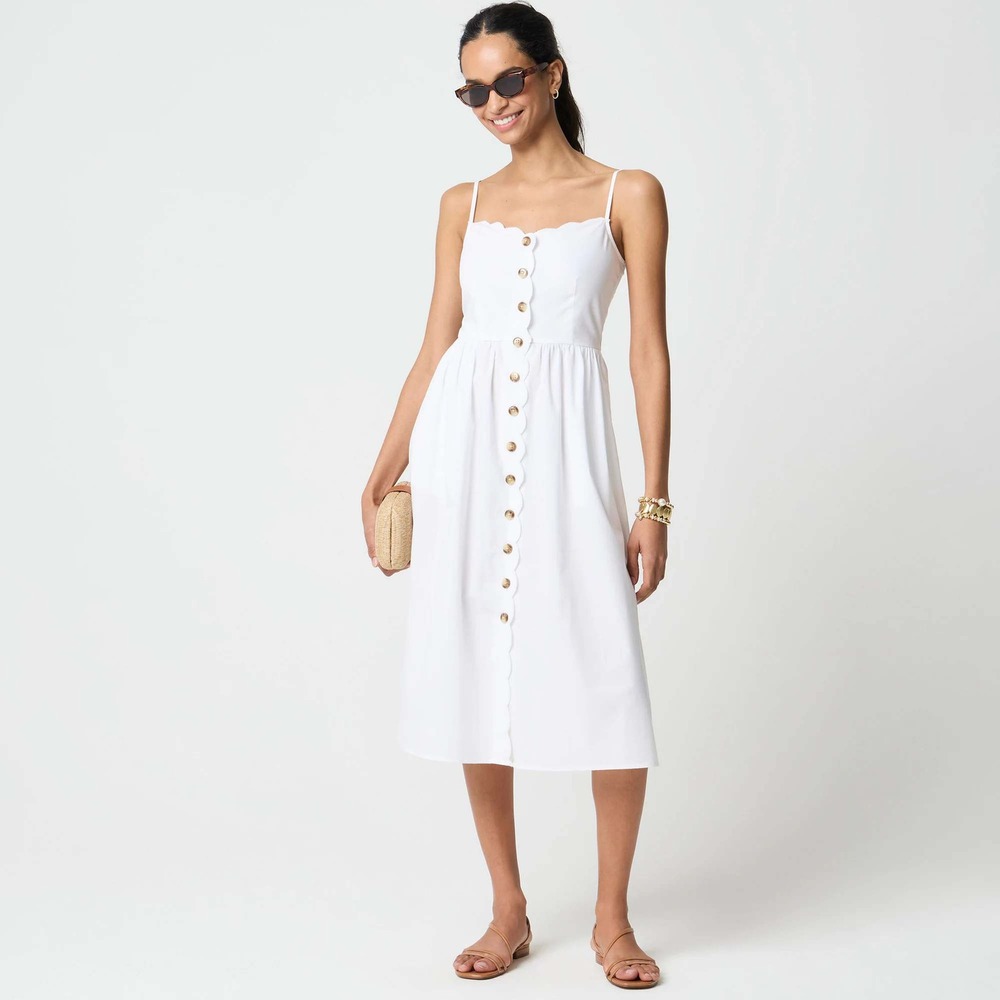 J.Crew Scallop-trim button-front midi dress White Size 0 NWT